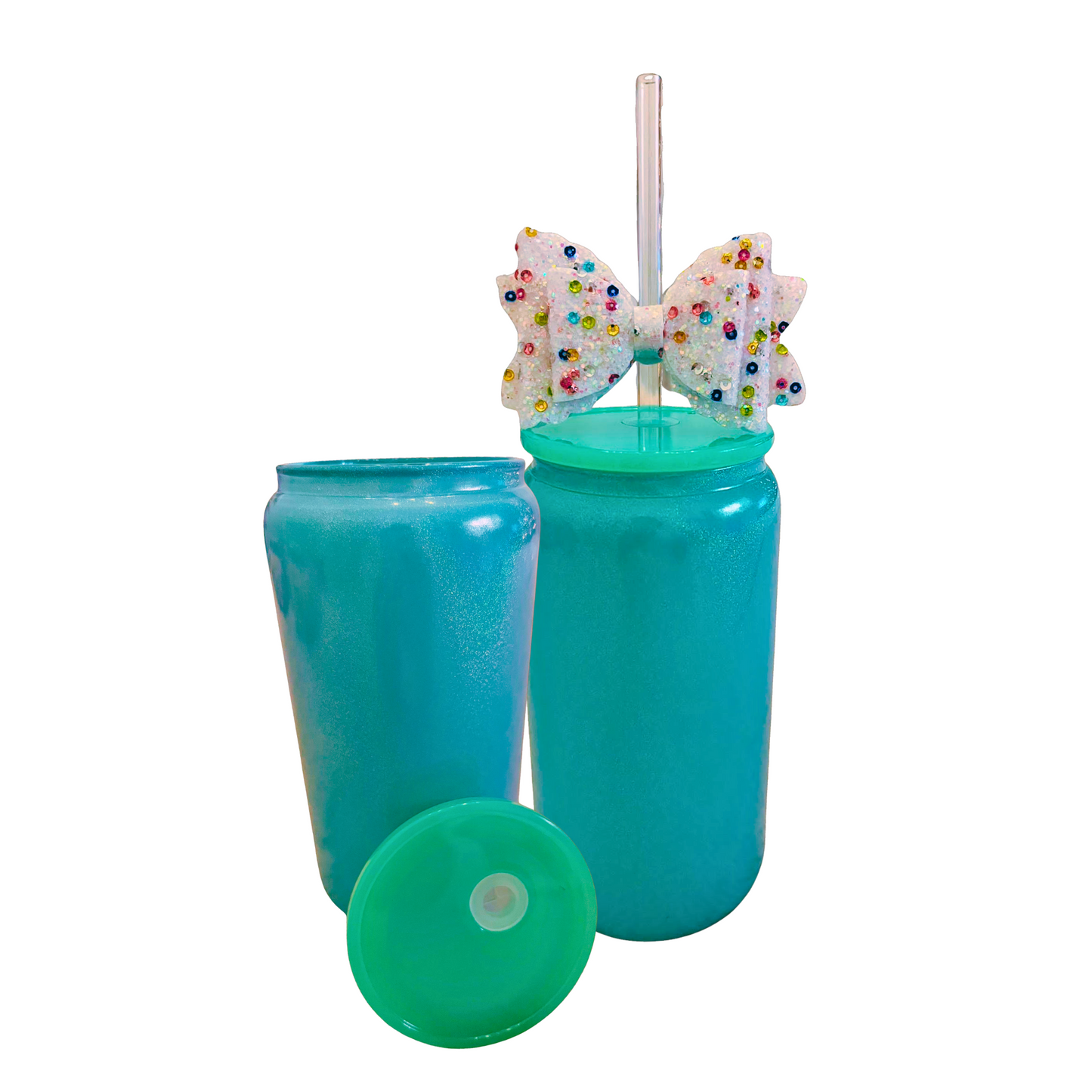 Green Glass Can with Lid, Straws, and Bow - 16 oz Glass Drinking Cup, Ice Glass Coffee Cup, Tumbler Drinking Glasses