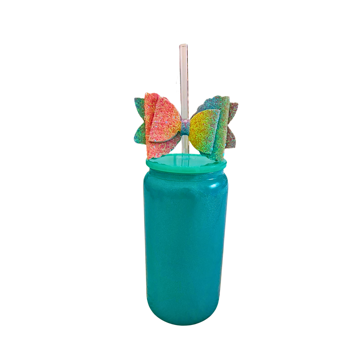 Green Glass Can with Lid, Straws, and Bow - 16 oz Glass Drinking Cup, Ice Glass Coffee Cup, Tumbler Drinking Glasses