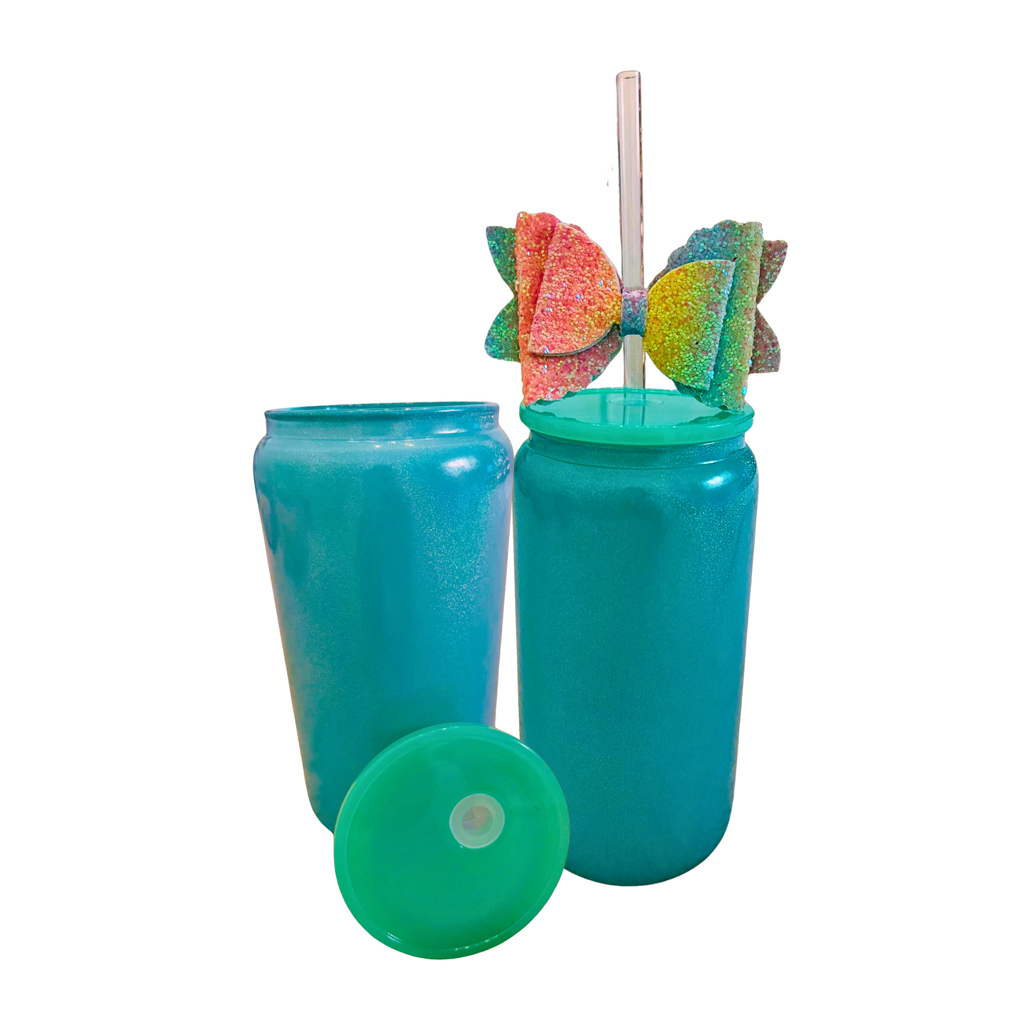 Green Glass Can with Lid, Straws, and Bow - 16 oz Glass Drinking Cup, Ice Glass Coffee Cup, Tumbler Drinking Glasses