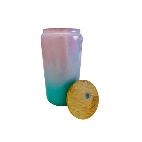 Pink and Blue Glass Can with Lid, Straws, and Bow- 16 oz Glass Drinking Cup, Ice Glass Coffee Cup, Tumbler Drinking Glasses