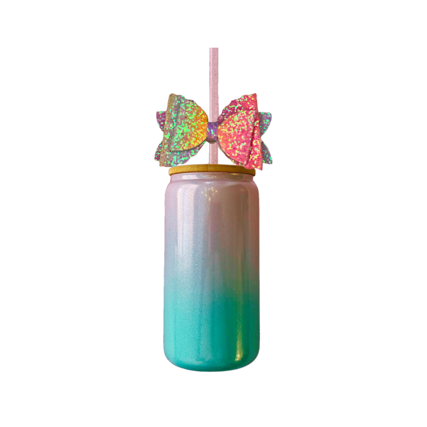 Pink and Blue Glass Can with Lid, Straws, and Bow- 16 oz Glass Drinking Cup, Ice Glass Coffee Cup, Tumbler Drinking Glasses
