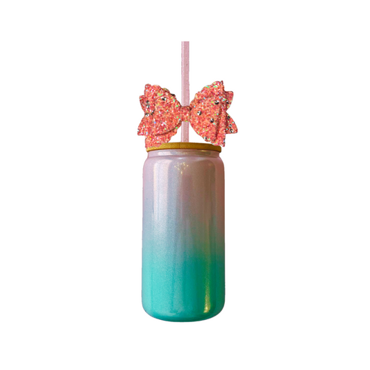 Pink and Blue Glass Can with Lid, Straws, and Bow- 16 oz Glass Drinking Cup, Ice Glass Coffee Cup, Tumbler Drinking Glasses