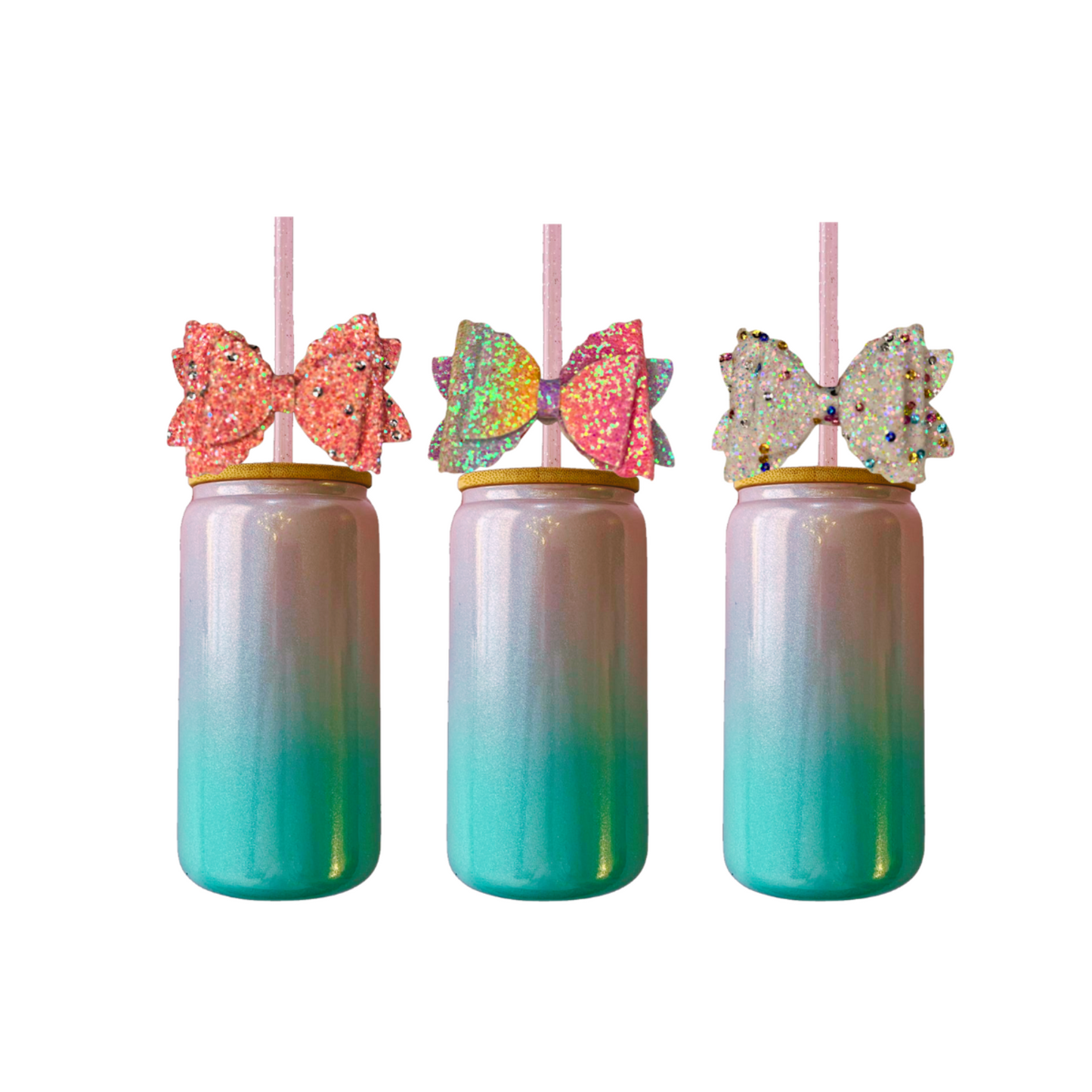 Pink and Blue Glass Can with Lid, Straws, and Bow- 16 oz Glass Drinking Cup, Ice Glass Coffee Cup, Tumbler Drinking Glasses