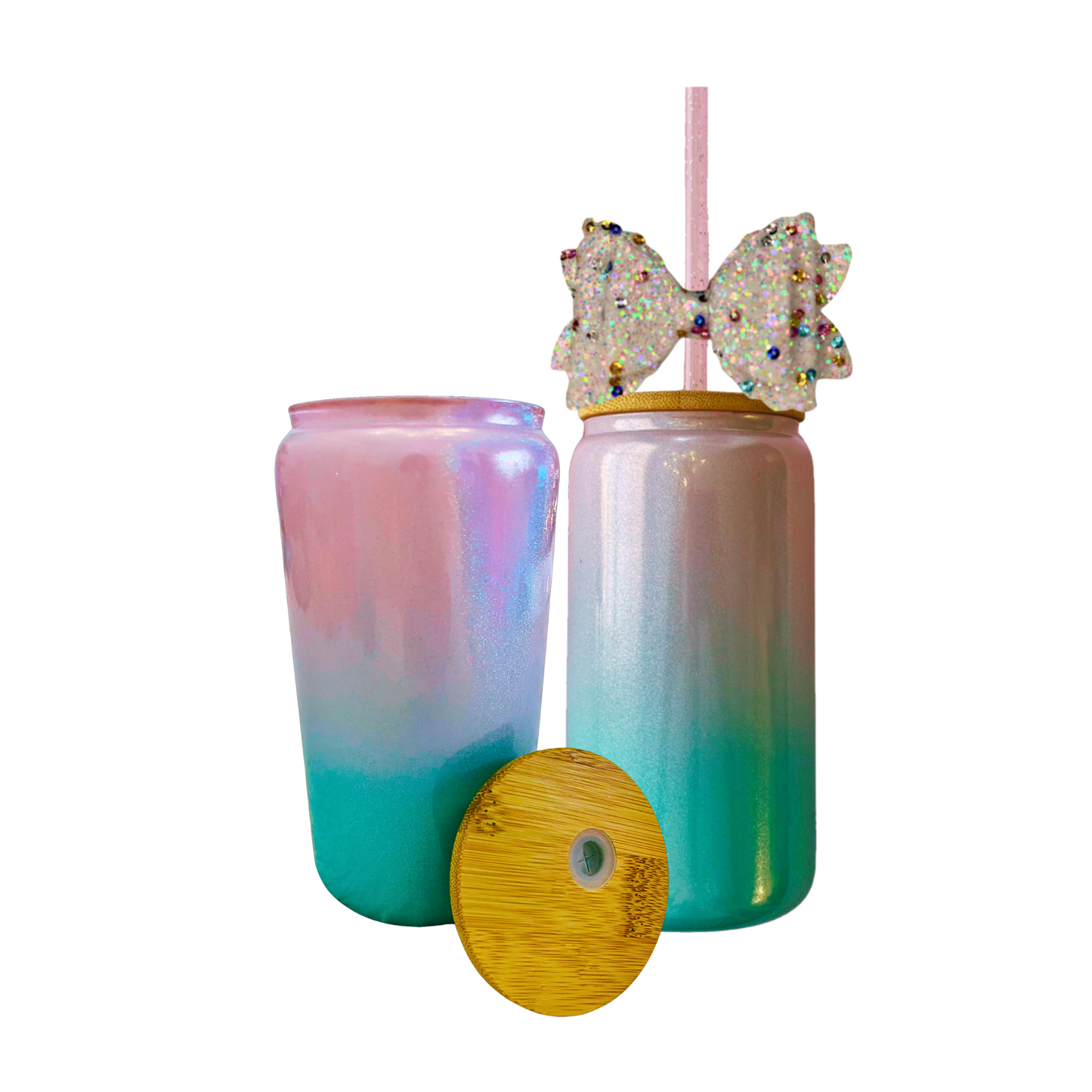 Pink and Blue Glass Can with Lid, Straws, and Bow- 16 oz Glass Drinking Cup, Ice Glass Coffee Cup, Tumbler Drinking Glasses