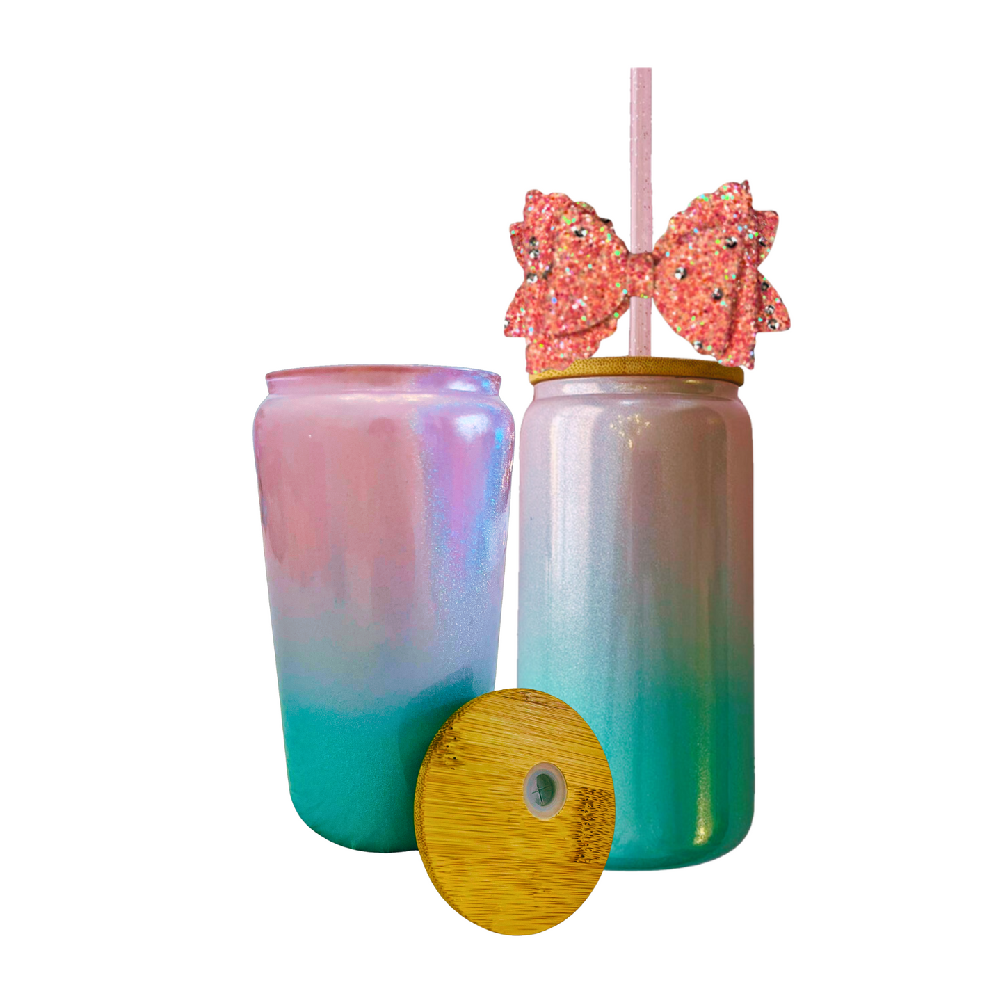 Pink and Blue Glass Can with Lid, Straws, and Bow- 16 oz Glass Drinking Cup, Ice Glass Coffee Cup, Tumbler Drinking Glasses