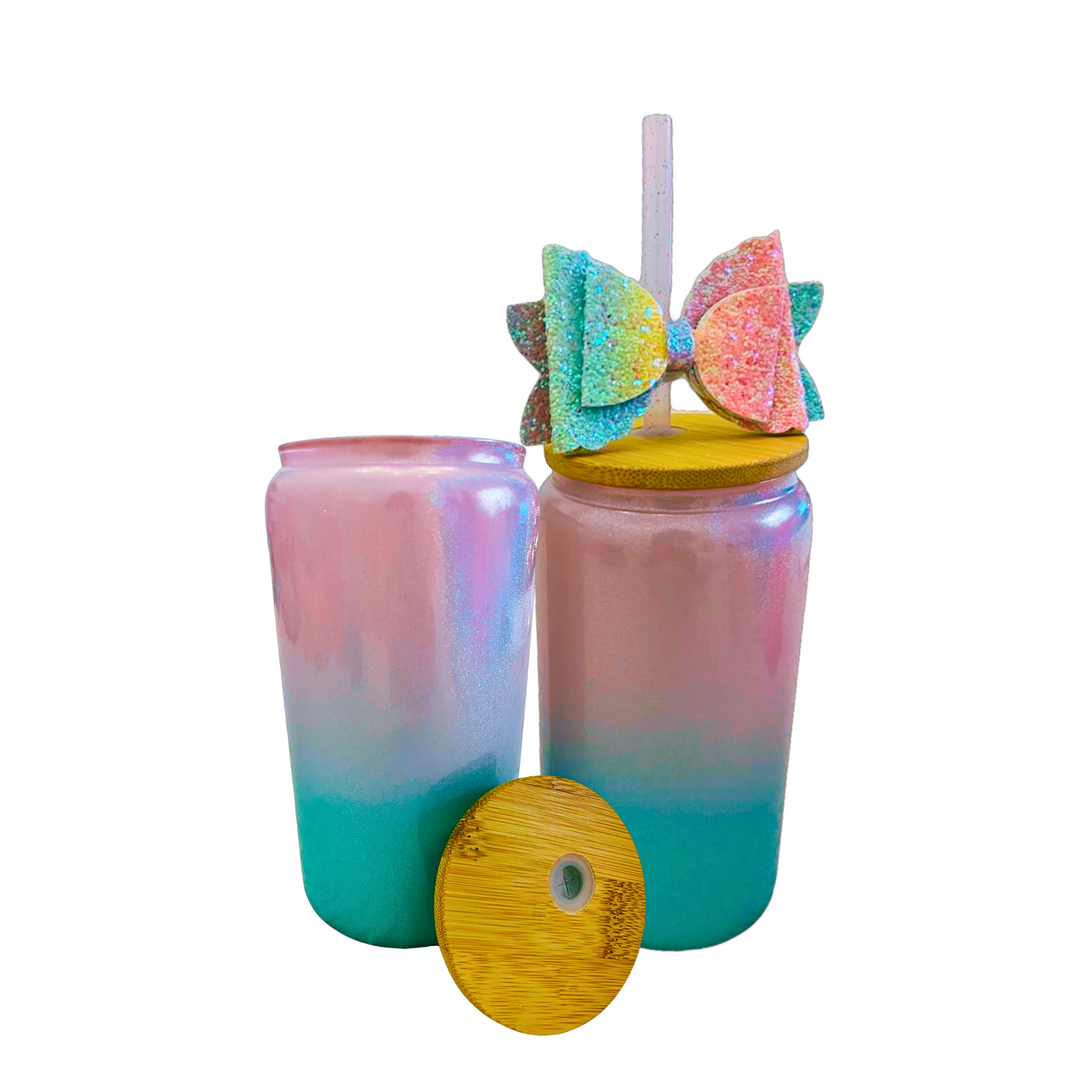 Pink and Blue Glass Can with Lid, Straws, and Bow- 16 oz Glass Drinking Cup, Ice Glass Coffee Cup, Tumbler Drinking Glasses