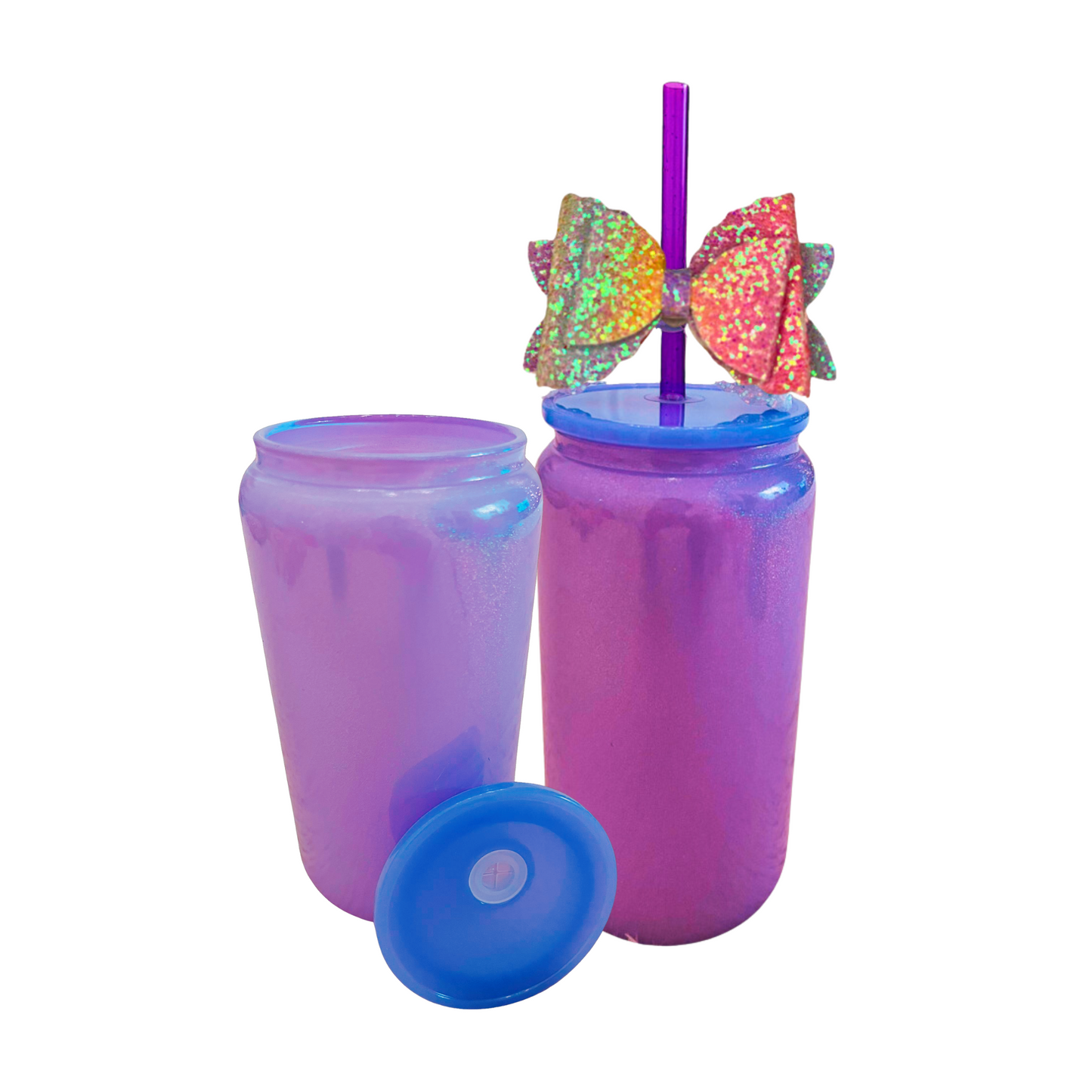 Purple Glass Can with Lid, Straws, and Bow - 16 oz Glass Drinking Cup, Ice Glass Coffee Cup, Tumbler Drinking Glasses