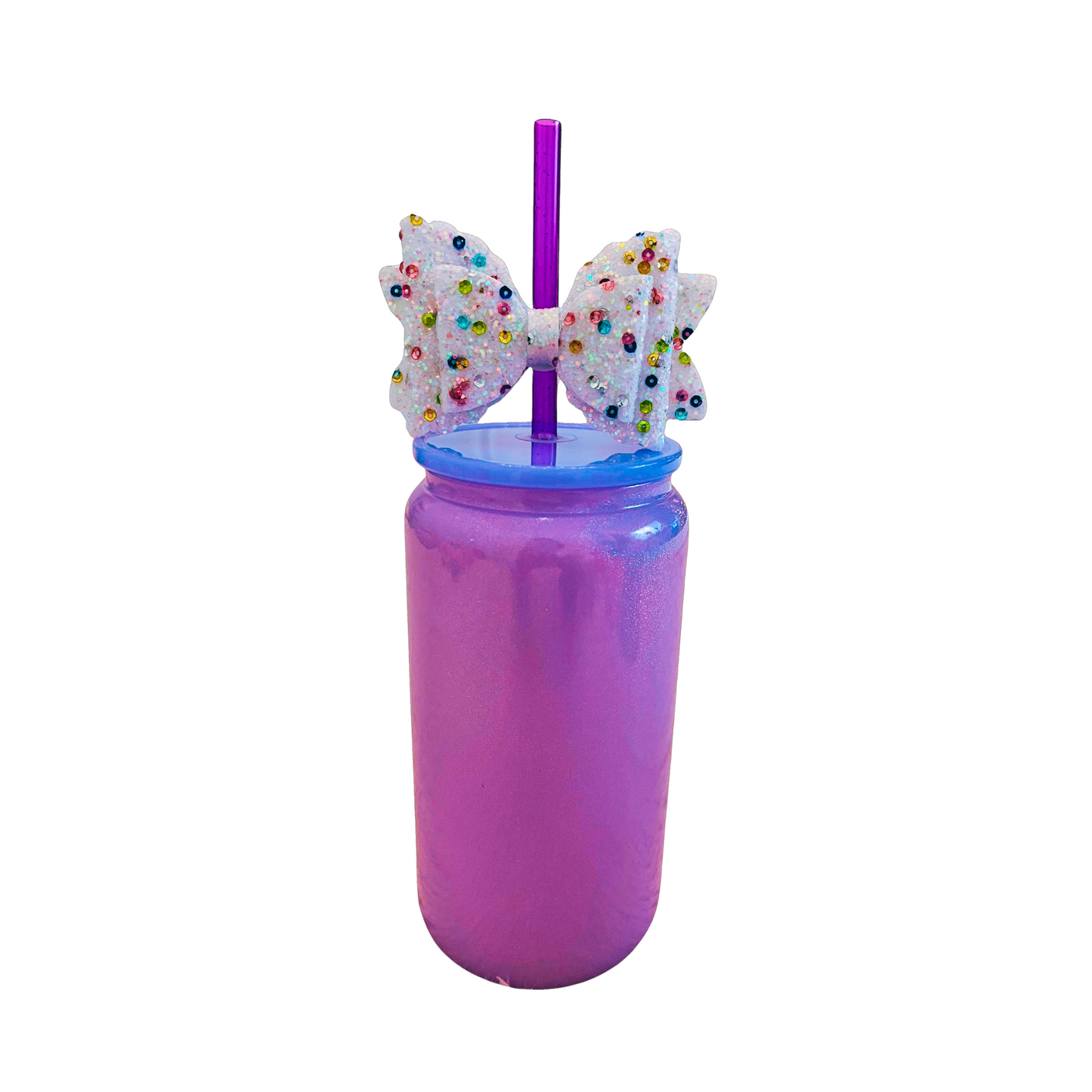 Purple Glass Can with Lid, Straws, and Bow - 16 oz Glass Drinking Cup, Ice Glass Coffee Cup, Tumbler Drinking Glasses