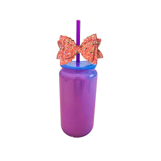 Purple Glass Can with Lid, Straws, and Bow - 16 oz Glass Drinking Cup, Ice Glass Coffee Cup, Tumbler Drinking Glasses