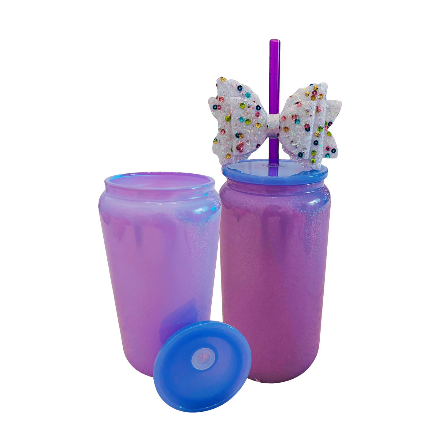 Purple Glass Can with Lid, Straws, and Bow - 16 oz Glass Drinking Cup, Ice Glass Coffee Cup, Tumbler Drinking Glasses