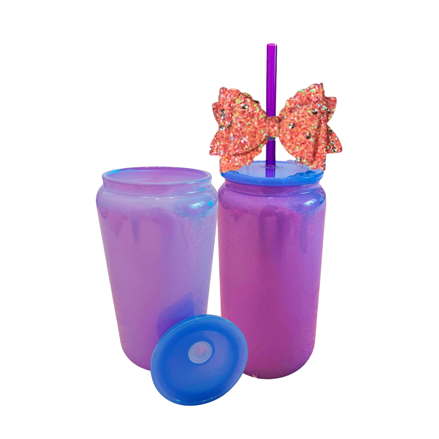 Purple Glass Can with Lid, Straws, and Bow - 16 oz Glass Drinking Cup, Ice Glass Coffee Cup, Tumbler Drinking Glasses