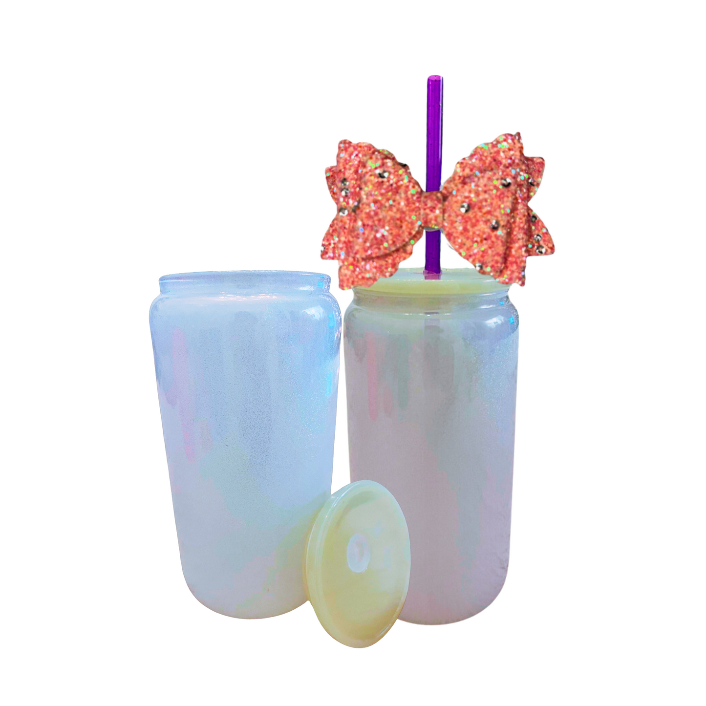 White Glass Can with Lid, Straws, and Bow - 16 oz Glass Drinking Cup, Ice Glass Coffee Cup, Tumbler Drinking Glasses