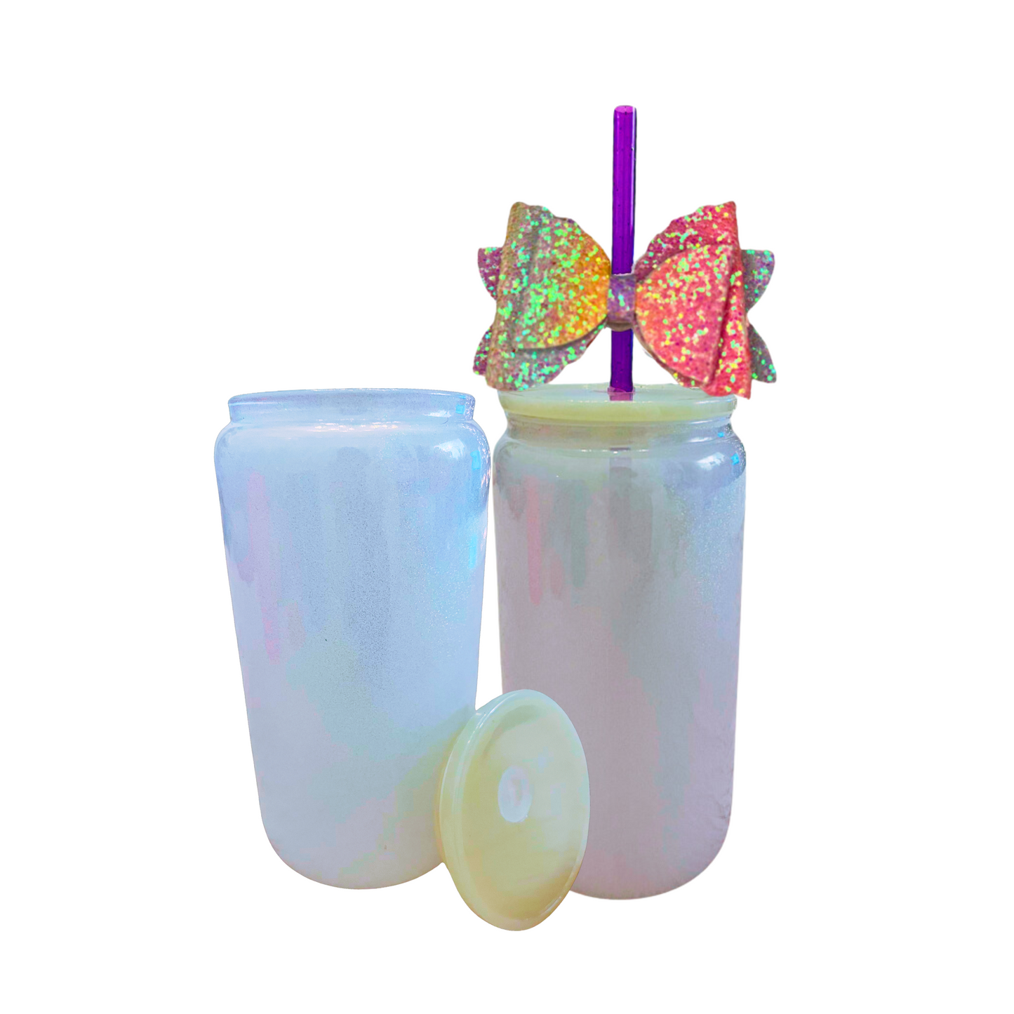 White Glass Can with Lid, Straws, and Bow - 16 oz Glass Drinking Cup, Ice Glass Coffee Cup, Tumbler Drinking Glasses