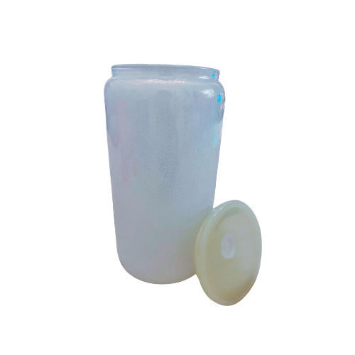 White Glass Can with Lid, Straws, and Bow - 16 oz Glass Drinking Cup, Ice Glass Coffee Cup, Tumbler Drinking Glasses