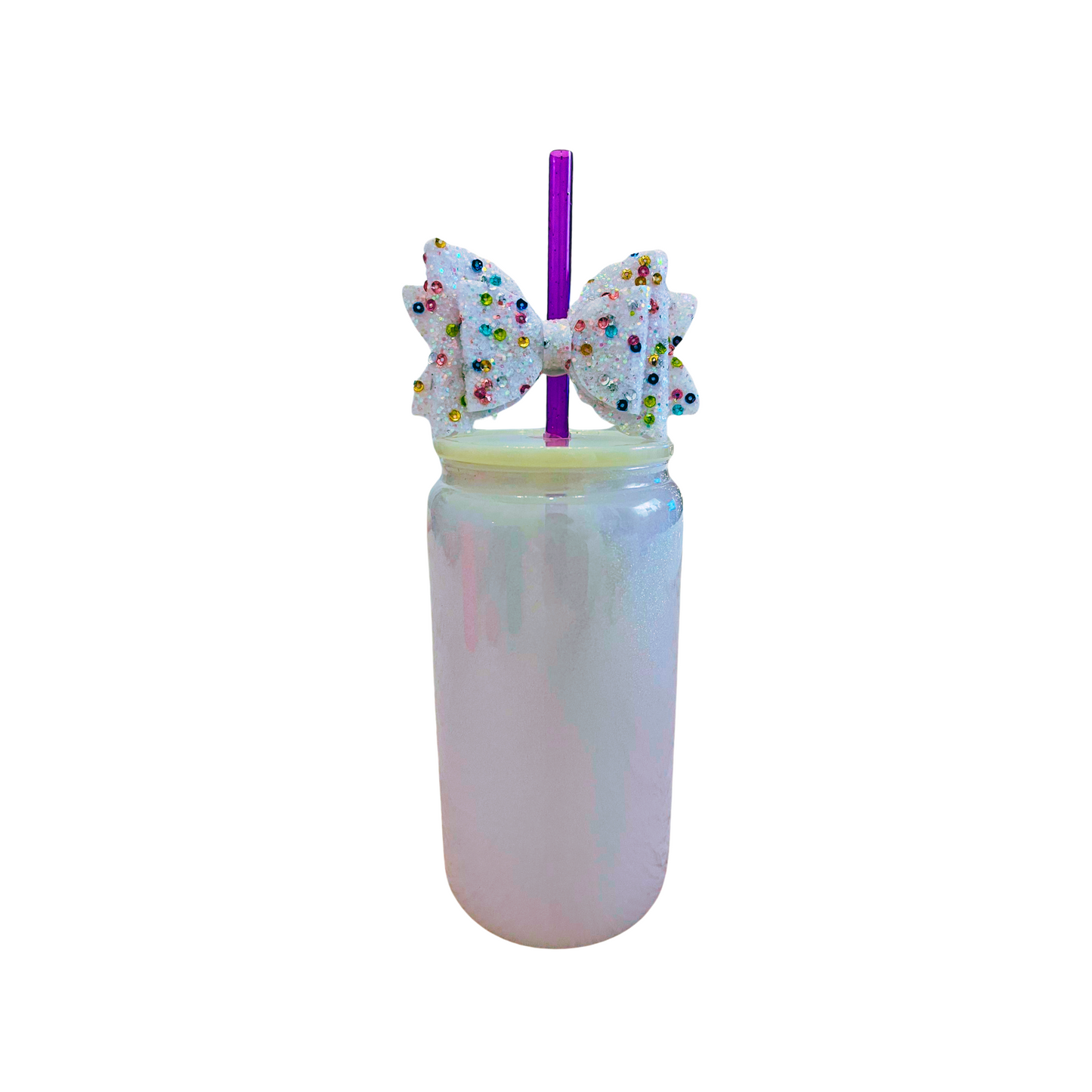 White Glass Can with Lid, Straws, and Bow - 16 oz Glass Drinking Cup, Ice Glass Coffee Cup, Tumbler Drinking Glasses