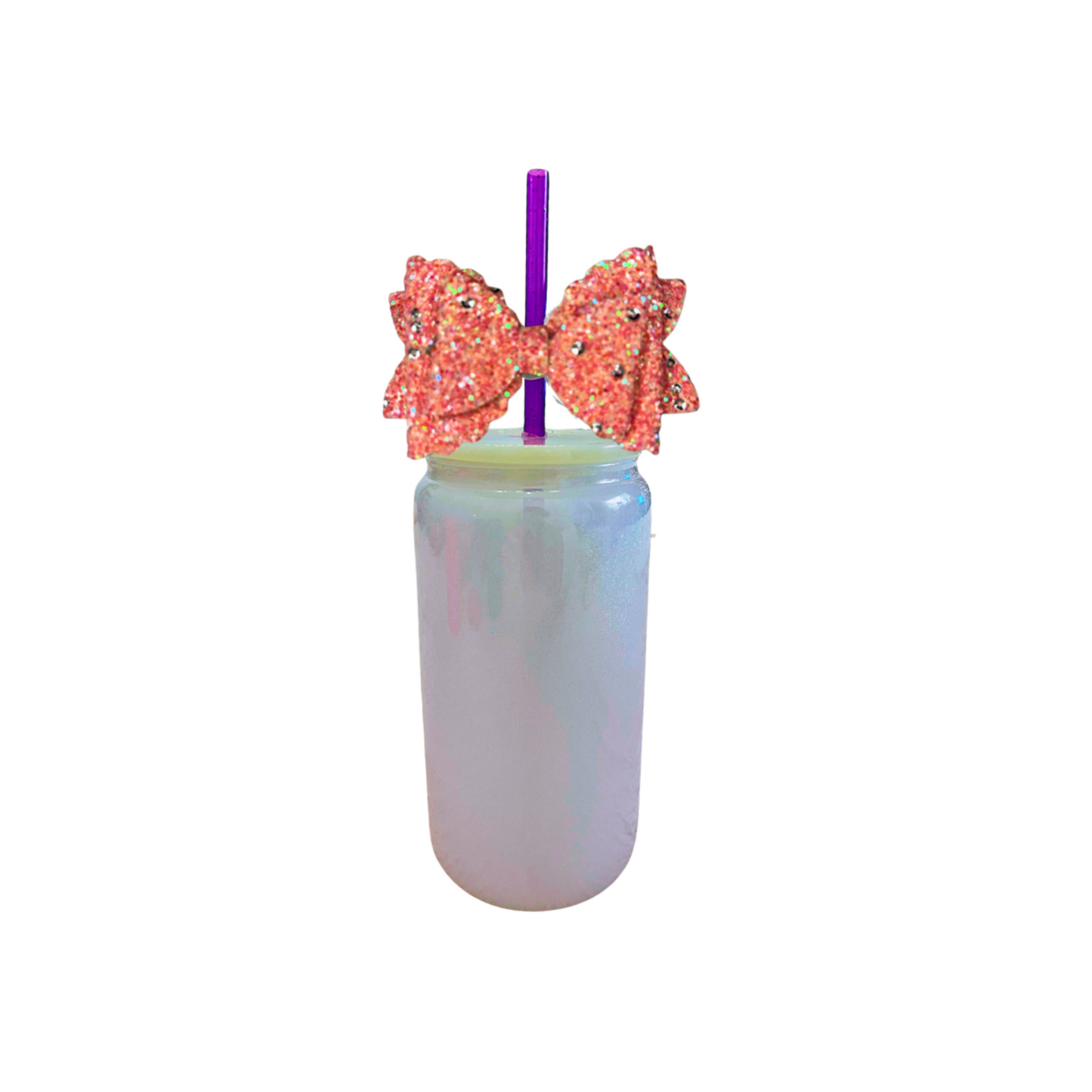 White Glass Can with Lid, Straws, and Bow - 16 oz Glass Drinking Cup, Ice Glass Coffee Cup, Tumbler Drinking Glasses