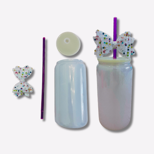 White Glass Can with Lid, Straws, and Bow - 16 oz Glass Drinking Cup, Ice Glass Coffee Cup, Tumbler Drinking Glasses