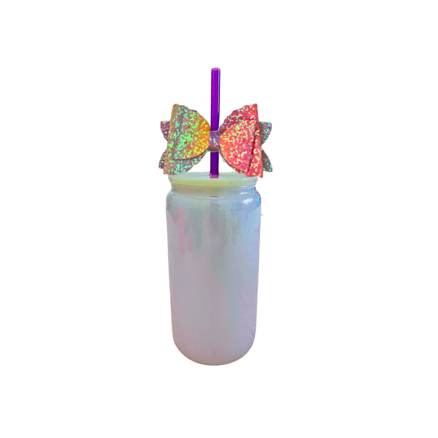 White Glass Can with Lid, Straws, and Bow - 16 oz Glass Drinking Cup, Ice Glass Coffee Cup, Tumbler Drinking Glasses