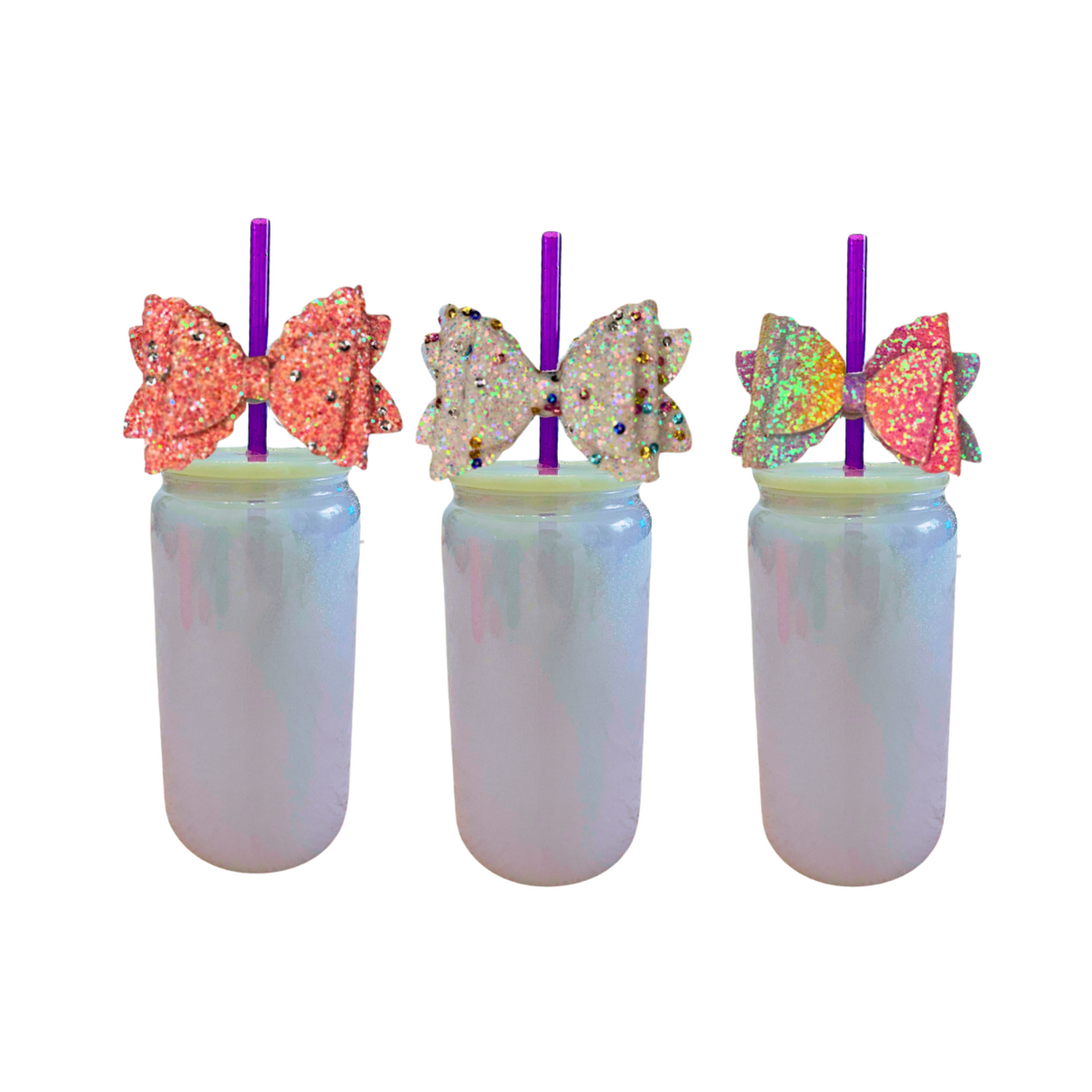 White Glass Can with Lid, Straws, and Bow - 16 oz Glass Drinking Cup, Ice Glass Coffee Cup, Tumbler Drinking Glasses