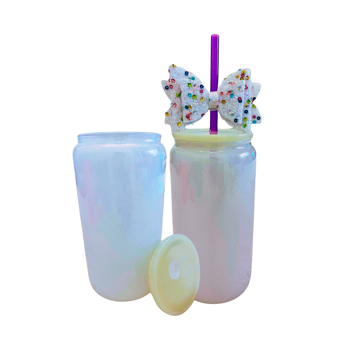 White Glass Can with Lid, Straws, and Bow - 16 oz Glass Drinking Cup, Ice Glass Coffee Cup, Tumbler Drinking Glasses