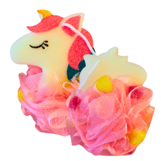Cute Unicorn Shaped Loofah Bath Sponge, Pink Loofah Exfoliating Mesh Shower Ball Sponge Bath Accessories