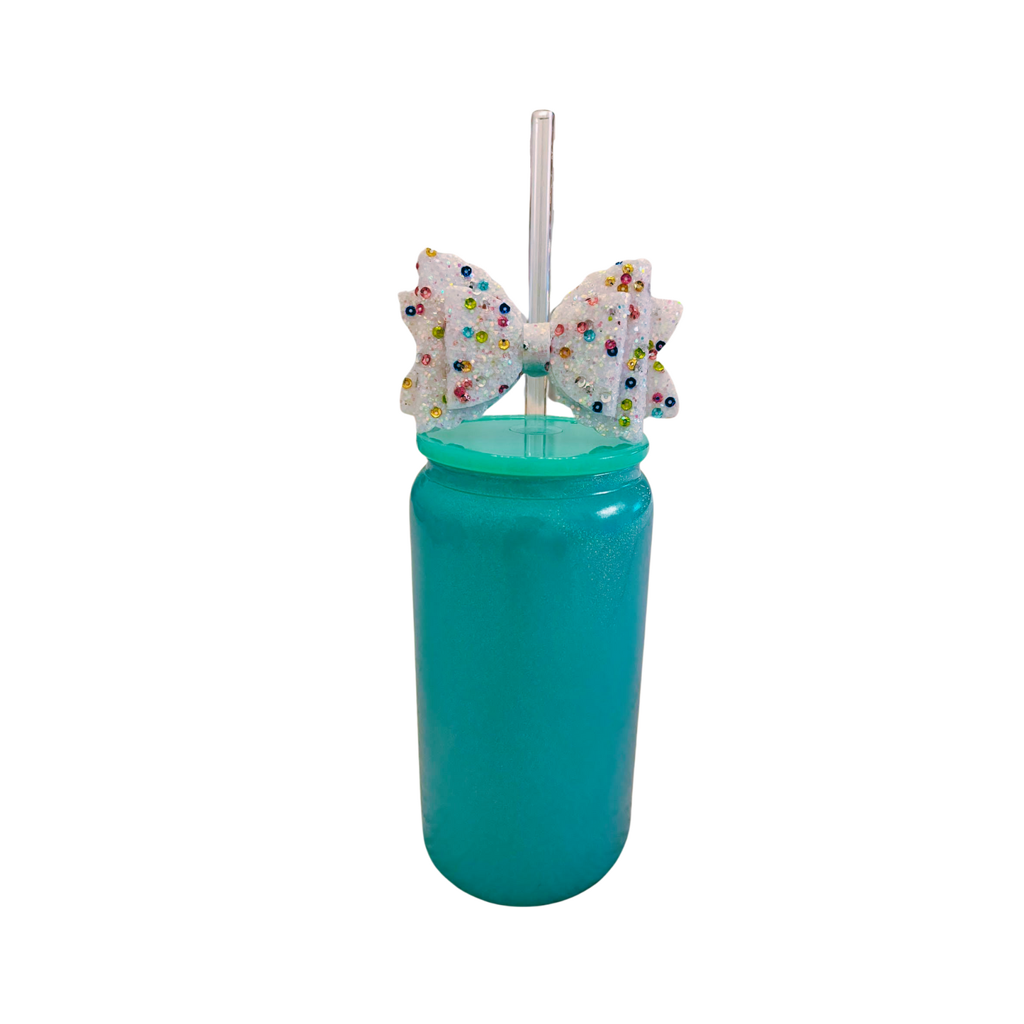 Green Glass Can with Lid, Straws, and Bow - 16 oz Glass Drinking Cup, Ice Glass Coffee Cup, Tumbler Drinking Glasses