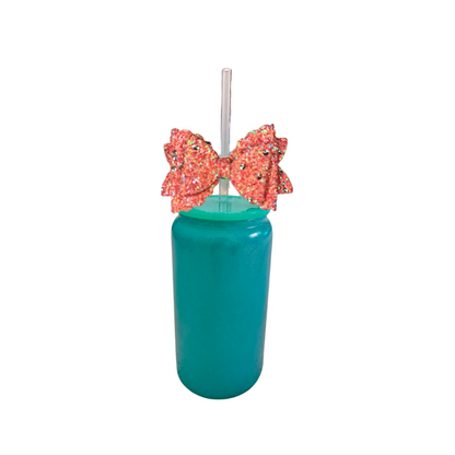 💚 Green Bow Glass Can Cup with Lid & Straw | 16 oz