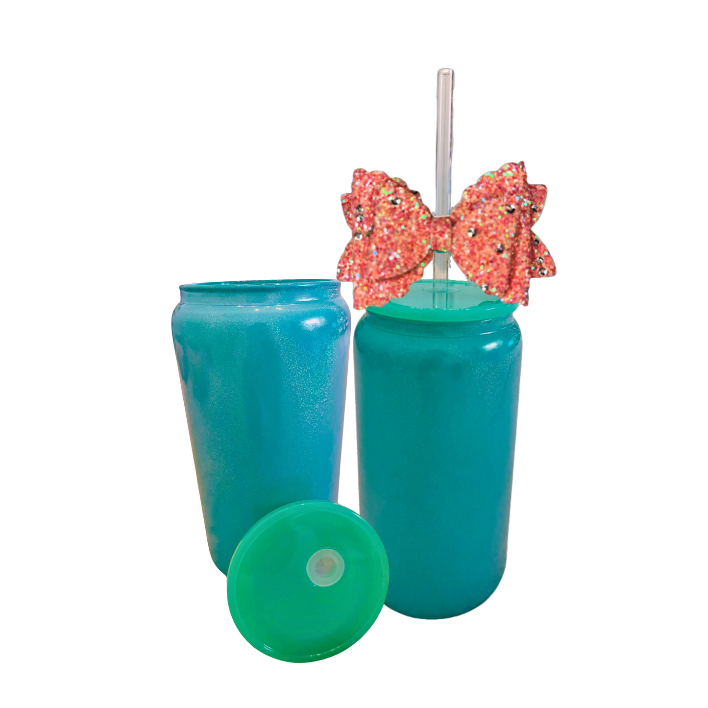 Green Glass Can with Lid, Straws, and Bow - 16 oz Glass Drinking Cup, Ice Glass Coffee Cup, Tumbler Drinking Glasses