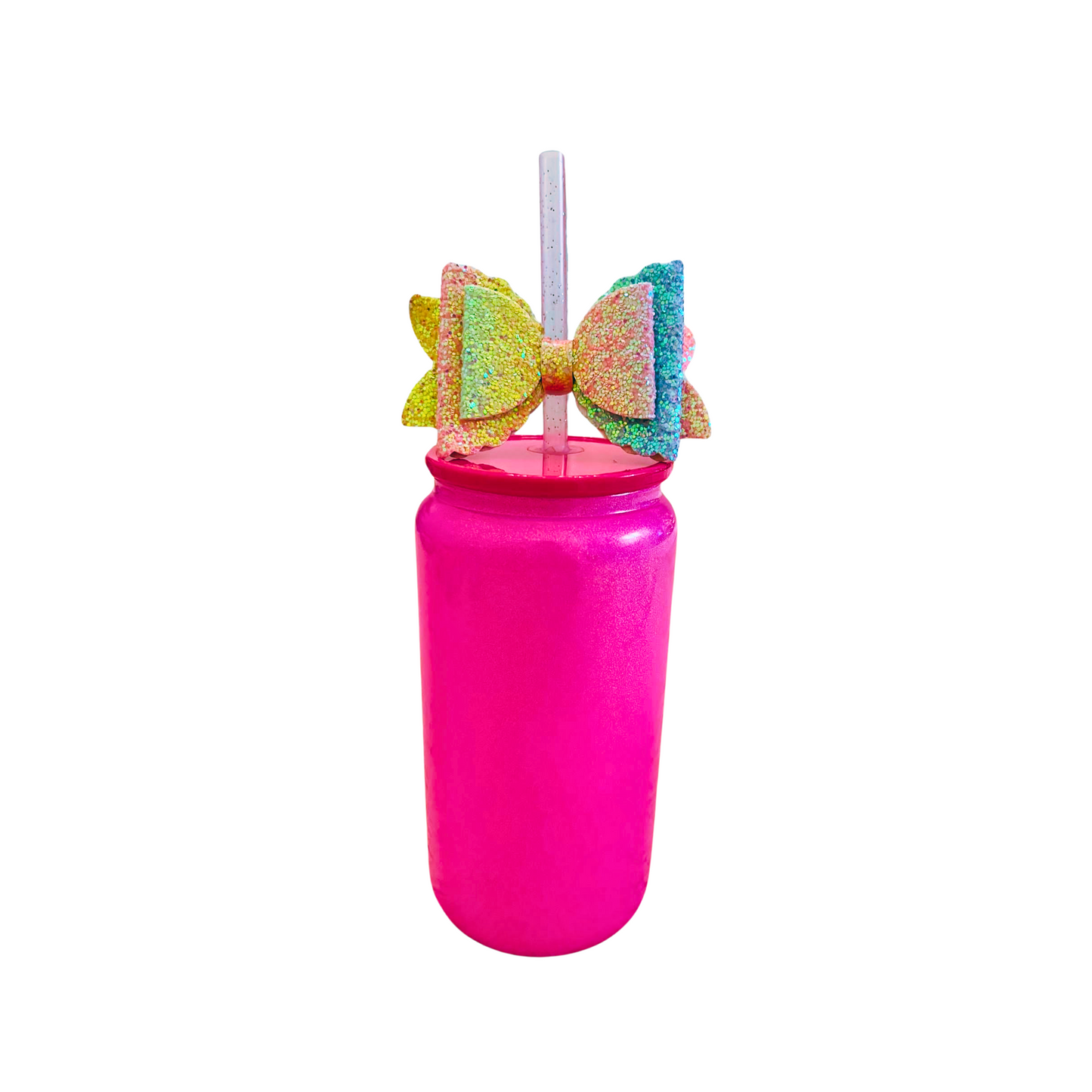 Dark Pink Glass Can with Lid, Straws, and Bow | 16 oz Glass Drinking Cup | Ice Glass Coffee Cup | Tumbler Drinking Glasses