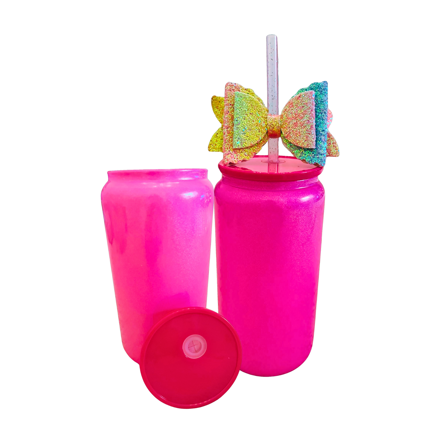 Dark Pink Glass Can with Lid, Straws, and Bow | 16 oz Glass Drinking Cup | Ice Glass Coffee Cup | Tumbler Drinking Glasses