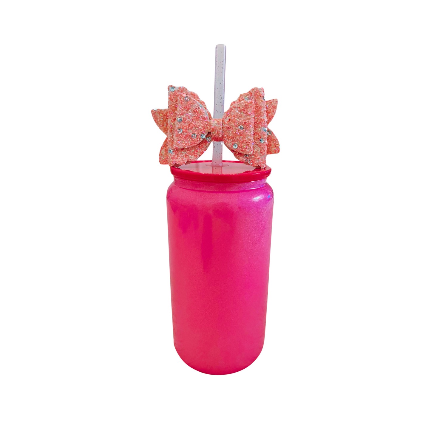 Dark Pink Glass Can with Lid, Straws, and Bow | 16 oz Glass Drinking Cup | Ice Glass Coffee Cup | Tumbler Drinking Glasses