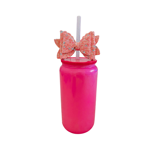 Dark Pink Glass Can with Lid, Straws, and Bow | 16 oz Glass Drinking Cup | Ice Glass Coffee Cup | Tumbler Drinking Glasses