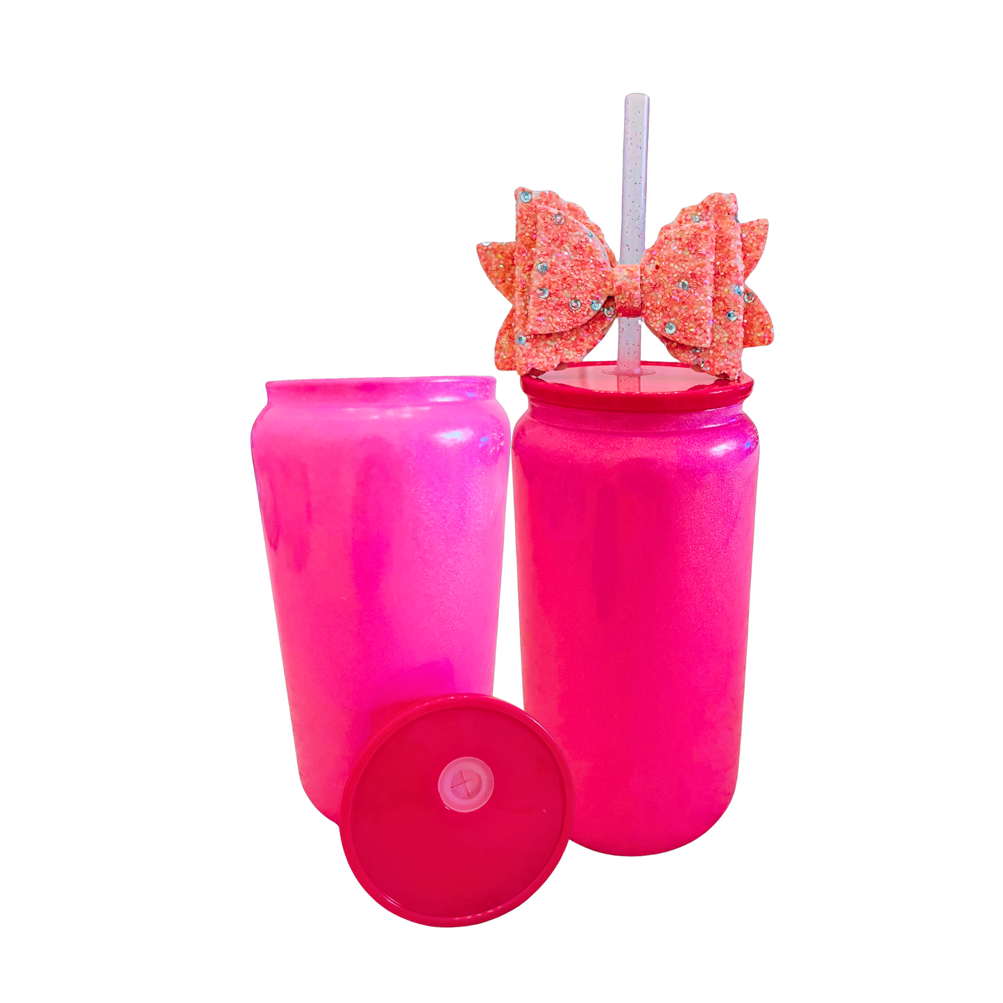 Dark Pink Glass Can with Lid, Straws, and Bow | 16 oz Glass Drinking Cup | Ice Glass Coffee Cup | Tumbler Drinking Glasses