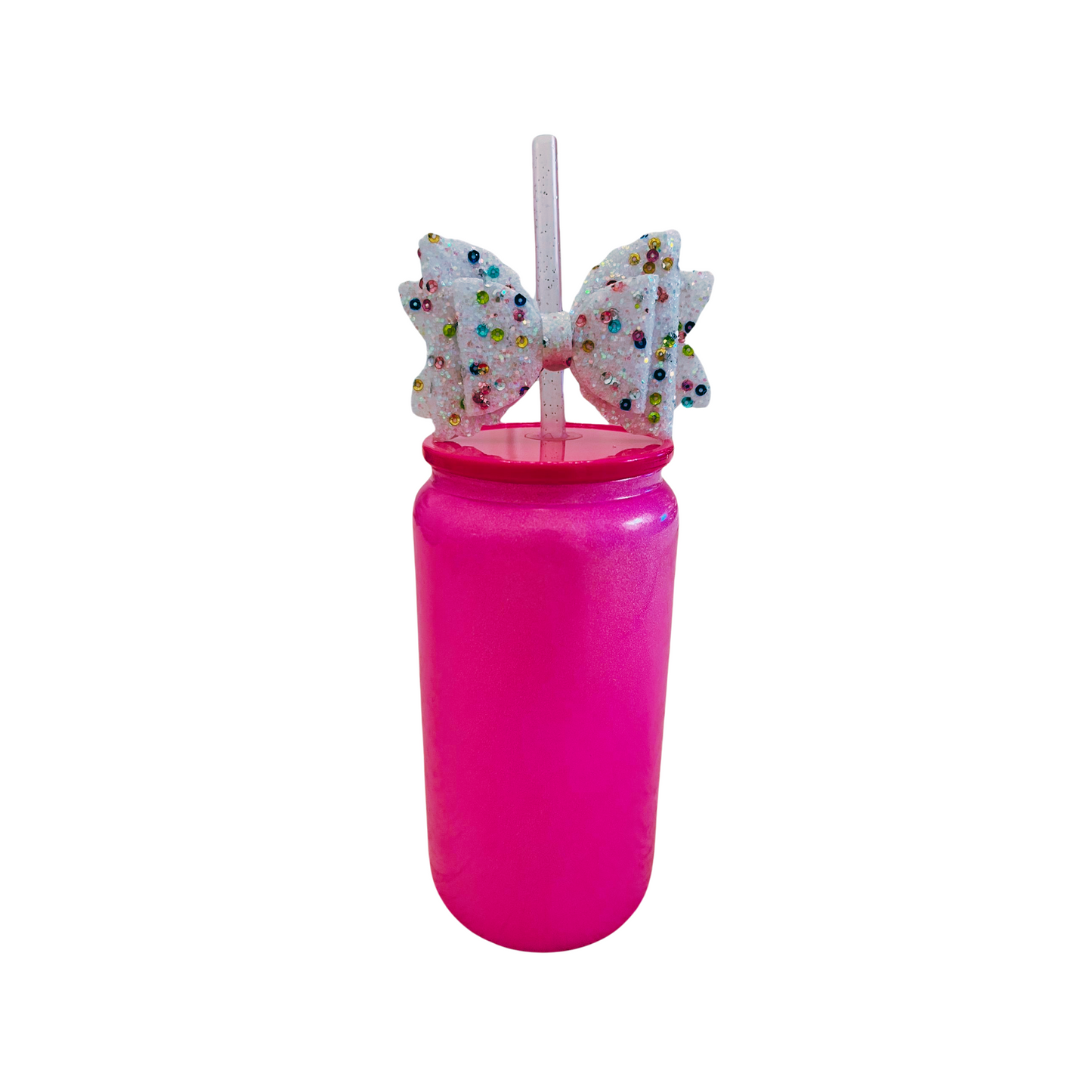 Dark Pink Glass Can with Lid, Straws, and Bow | 16 oz Glass Drinking Cup | Ice Glass Coffee Cup | Tumbler Drinking Glasses