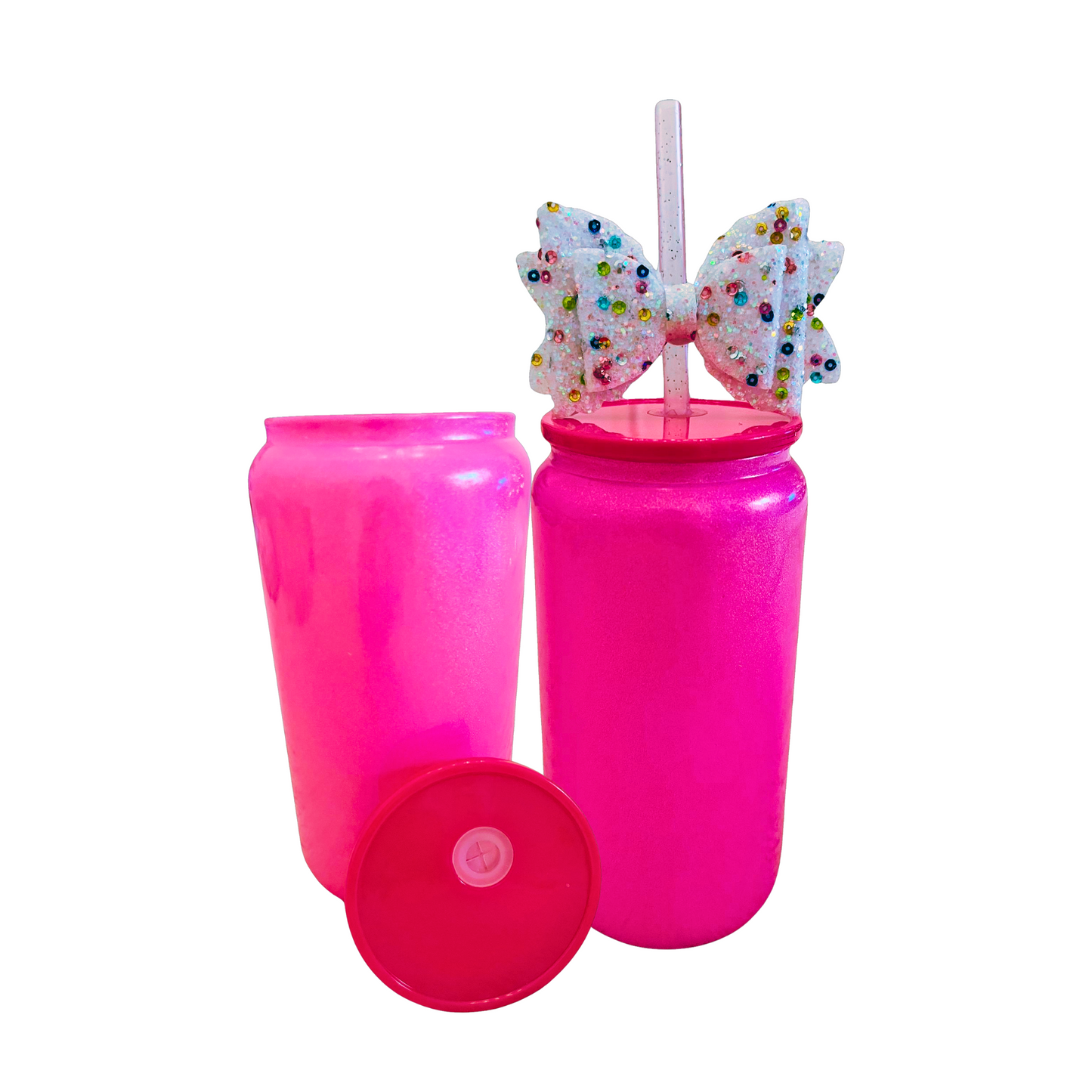 Dark Pink Glass Can with Lid, Straws, and Bow | 16 oz Glass Drinking Cup | Ice Glass Coffee Cup | Tumbler Drinking Glasses