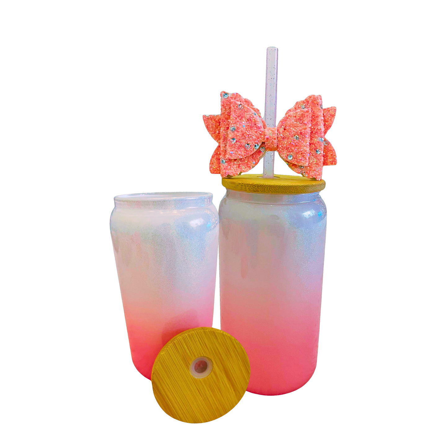 Pink and White Glass Can with Lid, Straws, and Bow - 16 oz Glass Drinking Cup, Ice Glass Coffee Cup, Tumbler Drinking Glasses