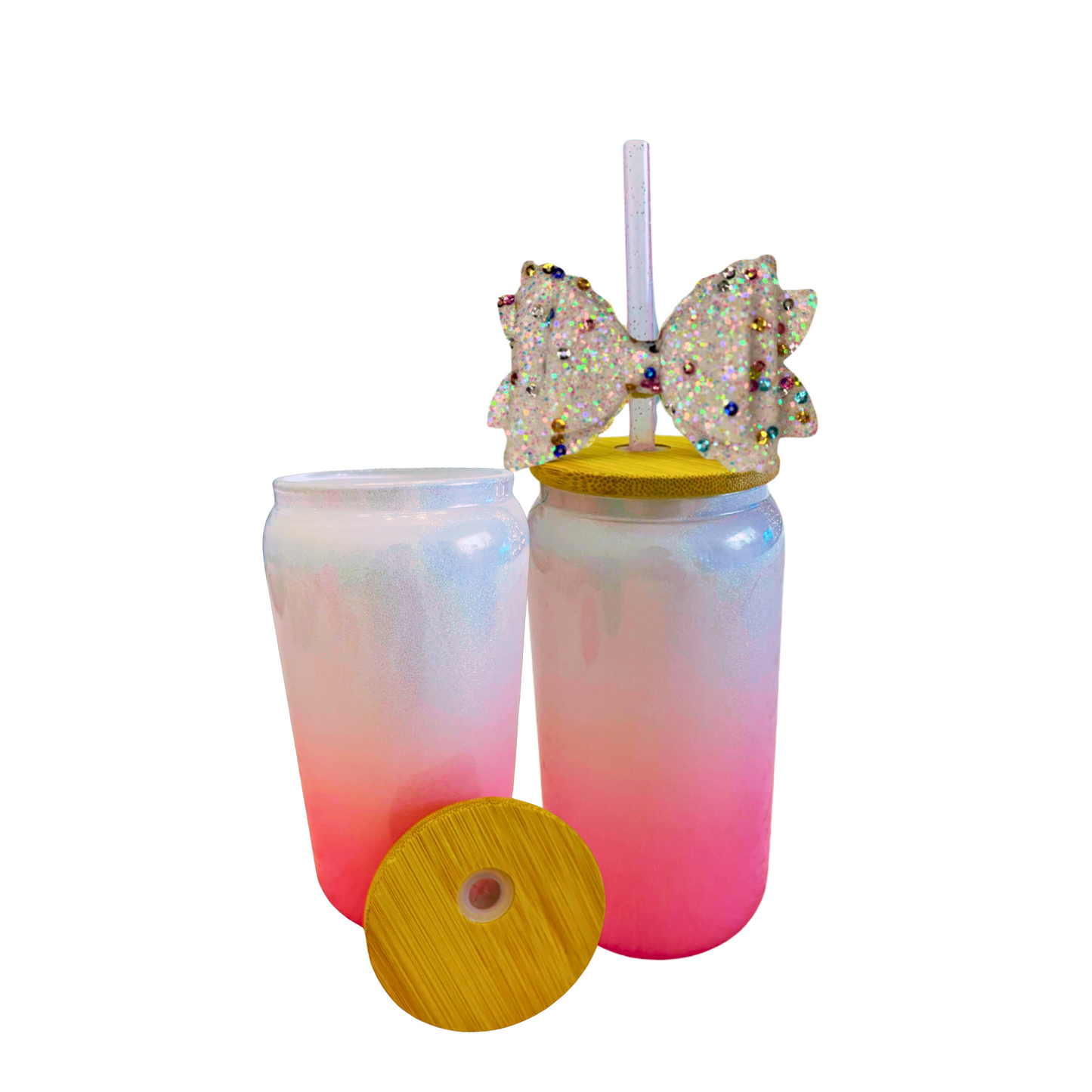 Pink and White Glass Can with Lid, Straws, and Bow - 16 oz Glass Drinking Cup, Ice Glass Coffee Cup, Tumbler Drinking Glasses