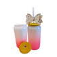 🎀 Pink & White Bow Glass Can Cup with Lid & Straw | 16 oz