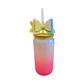 🎀 Pink & White Bow Glass Can Cup with Lid & Straw | 16 oz